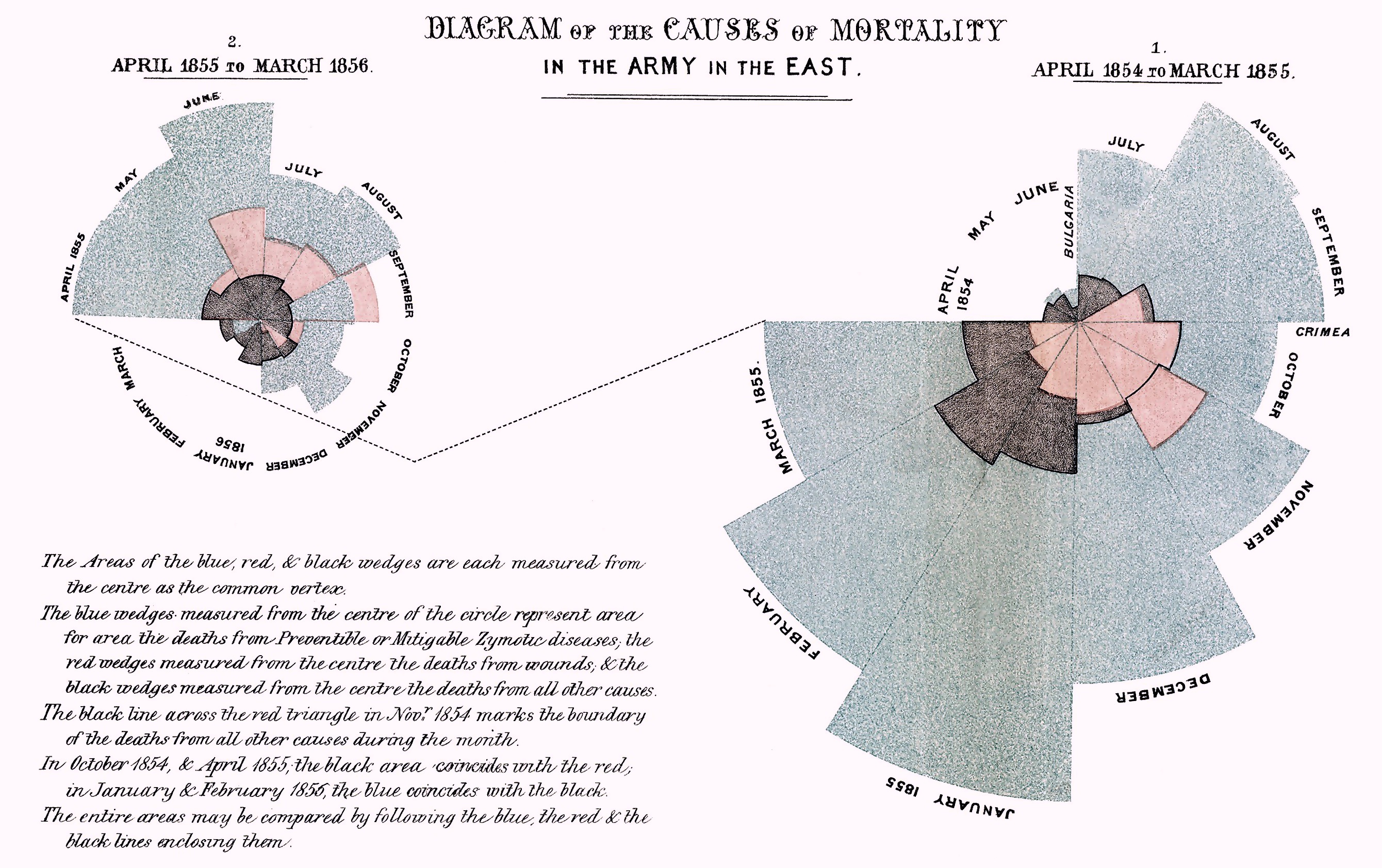 Florence Nightingale's 1858 diagram of the causes of mortality in the army (source: Wikipedia). She's credited with developing the polar area diagram chart.